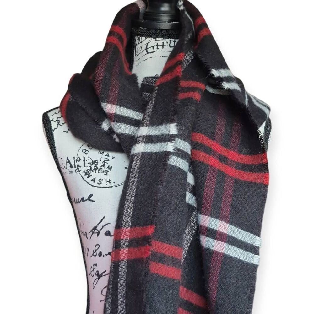 Steve Madden Unisex Red/Black Plaid Fringe Scarf - Picture 2 of 4